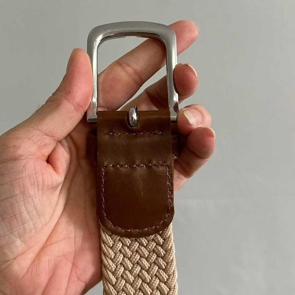 Brown leather and beige knit belt